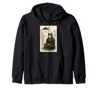 Samurai Cat Alien UFO Funny Invasion Meme Sumi-e Japanese Zip Hoodie