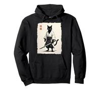 Samurai Cat Black Warrior Japanese Art Anime Retro Vintage Pullover Hoodie, Adult Unisex, Black, X-Large