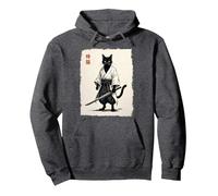 Samurai Cat Black Warrior Japanese Art Anime Retro Vintage Pullover Hoodie, Adult Unisex, Dark Heather Grey, Large