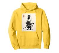 Samurai Cat Black Warrior Japanese Art Anime Retro Vintage Pullover Hoodie, Adult Unisex, Lemon Yellow, Large