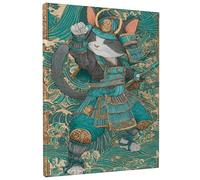 Samurai Cat Canvas Wall Art, Teal Brown Feline Warrior Print, Wall Decor for Living Room, Bedroom, Office, Aesthetic Home Decoration 16x20 Inch