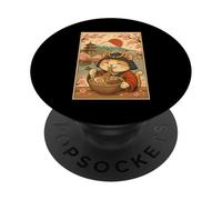 Samurai Cat Eating Ramen Japan Mount Fuji Cherry Blossoms PopSockets Adhesive PopGrip