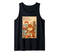 Samurai Cat Eating Ramen Japan Mount Fuji Cherry Blossoms Tank Top