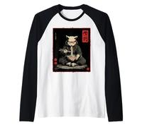 Samurai Cat Eating Ramen - Japanese Kawaii Anime Design Raglan Baseball Tee