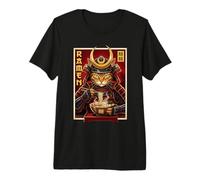 Samurai Cat Eating Ramen Japanese Retro Warrior Japan Premium T-Shirt