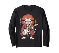 Samurai Cat Guitar Design with Japanese Vibe for Musicians Long Sleeve T-Shirt