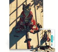 Samurai Cat in Kimono with Katana Jigsaw Puzzles for Adults1000 Pieces Mind Skill Toy Quiet Hobby Design Assembly (38x26cm)
