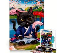 Samurai Cat in Sakura Jigsaw Puzzles for Teenagers 1000 Piece Boost Memory Serene Time Premium Cut Birthday Gift (38x26cm)