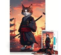Samurai Cat Japan Sunset 1000 Piece Jigsaw Puzzles for Adults Jigsaw Recall Boost Mental Relax Smooth Cut Birthday Gift (38x26cm)