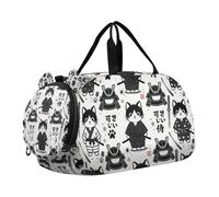 Samurai Cat Japanese Art White Girl's Gym Duffel Bag with Shoes Compartment Multifunctional Kids Overnight Bag for Travel, Sports, Fitness & Workout