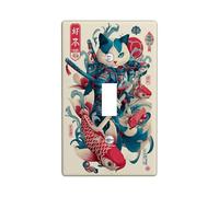 Samurai Cat Light Switch Cover Plates/Outlet Covers, Blue and Cream Carp Fish Design for Home Decor, Thermoplastic Standard Size, Fun Japanese Style Single Toggle