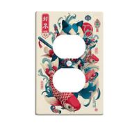 Samurai Cat Light Switch Cover Plates/Outlet Covers, Blue and Cream Carp Fish Design for Home Decor, Thermoplastic Standard Size, Fun Japanese Style Single Duplex Outlet