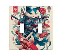 Samurai Cat Light Switch Cover Plates/Outlet Covers, Blue and Cream Carp Fish Design for Home Decor, Thermoplastic Standard Size, Fun Japanese Style Double Toggle