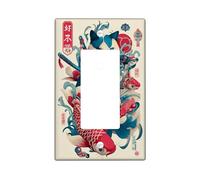 Samurai Cat Light Switch Cover Plates/Outlet Covers, Blue and Cream Carp Fish Design for Home Decor, Thermoplastic Standard Size, Fun Japanese Style Single Rocker
