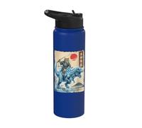 Samurai Cat on Blue Kaiju Japanese Anime Ukiyo-e Art Youth Stainless Steel Insulated Water Bottle