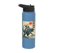 Samurai Cat on Blue Kaiju Japanese Anime Ukiyo-e Art Youth Stainless Steel Insulated Water Bottle
