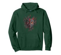 Samurai Cat Oni Mask Split Face - Japanese Warrior Anime Sty Pullover Hoodie