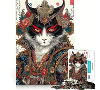 Samurai Cat Portrait in Ukiyo-e Style 1000 Pieces Jigsaw Puzzles for Adults Fine Logic Toy Leisure Time Neat Edge Art Collectible (38x52cm)