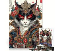 Samurai Cat Portrait in Ukiyo-e Style 1000 Pieces Jigsaw Puzzles for Adults Fine Logic Toy Leisure Time Neat Edge Art Collectible (38x52cm)