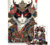 Samurai Cat Portrait in Ukiyo-e Style Hard Jigsaw Puzzle for Adults 1000 Pieces Reason Skill Toy Family Time Tight Cut Art Collectible (50x75cm)
