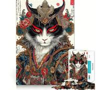 Samurai Cat Portrait in Ukiyo-e Style Hard Jigsaw Puzzle for Adults 1000 Pieces Reason Skill Toy Family Time Tight Cut Art Collectible (50x75cm)