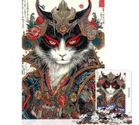 Samurai Cat Portrait in Ukiyo-e Style Puzzles for Adults 1000 Pieces Improve Retention of Details And Facts Quiet Calm Relaxing Playtime (50x75cm)