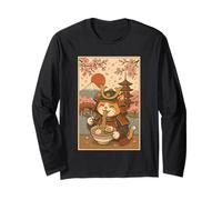 Samurai Cat Ramen with Japanese Pagoda and Cherry Blossoms Long Sleeve T-Shirt