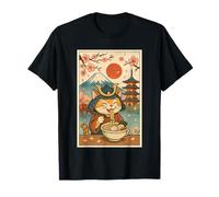 Samurai Cat Ramen with Japanese Pagoda and Cherry Blossoms T-Shirt