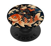 Samurai Cat Riding Koi Anime Japanese Warrior Art PopSockets Adhesive PopGrip