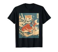 Samurai Cat Riding Koi Fish Japanese Art Cute Ninja Cat T-Shirt