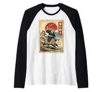 Samurai Cat Riding Opossum Japanese Retro Art Vintage Japan Raglan Baseball Tee