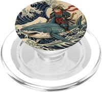 Samurai Cat Riding Shark Great Wave Japanese Art OSAKA PopSockets PopGrip for MagSafe