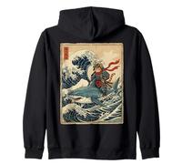 Samurai Cat Riding Shark Great Wave Japanese Art OSAKA Zip Hoodie