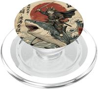 Samurai Cat Riding Shark Great Wave Japanese Osaka vintage PopSockets PopGrip for MagSafe
