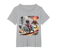 Samurai Cat Riding T-Rex Volcano Japan Vintage Art T-Shirt, Women's Plus, Heather Grey, 3X