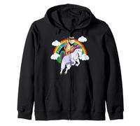 Samurai Cat Riding Unicorn Rainbow Japanese Ninja Cat Zip Hoodie