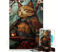 Samurai Cat Stained Glass Window 1000 Pieces Jigsaw Puzzles for Teenagers Logic Train Toy Quiet Fun Smooth Cut Lovely Gift (38x26cm)