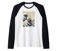 Samurai Cat Surfing The Great Wave Off Kanagawa Ukiyo-e Art Raglan Baseball Tee