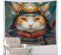 Samurai Cat Tapestry, Orange and White Wall Art, Festive Japanese Style Room Decor for Bedroom, Living Room, or Dorm, Cute Cat Wall Hanging 40x60 Inch
