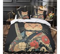 Samurai Cat Tattoo Quilt Cover 3D Design Printed Super Soft 3 Pcs Bedding Set Zipper JapaneseDesign Comforter Cover Ultra Soft Washable for Kids Adults Women Teens Youth Boys Double（200x200cm）