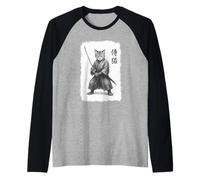 Samurai Cat Vintage Ukiyo-e Warrior Artwork Graphic Cat Art Raglan Baseball Tee