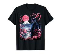 Samurai Cat Warrior Blood Moon Fuji Mount Japanese Graphic T-Shirt