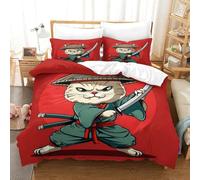 Samurai Cat Warrior-cartoon Ninja Style 3D Printed Duvet Cover Microfibre Soft Quilt Covers Bedding Sets with Pillowcase Easy Care Comforter Cover Hidden Zipper for Kids Boys Girls Double（200x200cm）