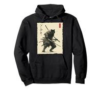 Samurai Cat Warrior Ink Artwork Kawaii Anime Cat Samurai Pullover Hoodie