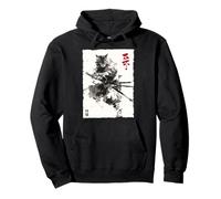 Samurai Cat Warrior Ink Artwork Kawaii Anime Cat Samurai Pullover Hoodie