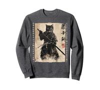 Samurai Cat Warrior Ukiyo Ink Artwork Cat Samurai Sweatshirt, Adult Unisex, Dark Heather Grey, Small