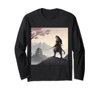 Samurai Cat Warrior Under Cherry Blossom Sky Long Sleeve T-Shirt