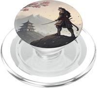 Samurai Cat Warrior Under Cherry Blossom Sky PopSockets PopGrip for MagSafe
