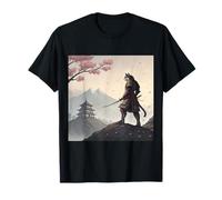 Samurai Cat Warrior Under Cherry Blossom Sky T-Shirt