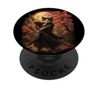 Samurai Cat Warrior with Katana Japanese Style Art PopSockets Adhesive PopGrip